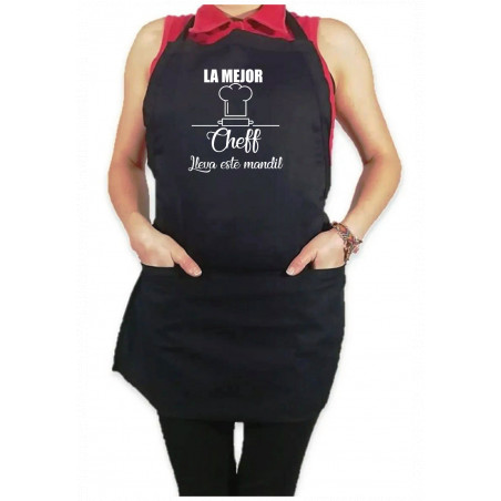 Mandil Personalizado Gabardina 100% algodón Negro con Diseño La mejor cheff lleva este mandil