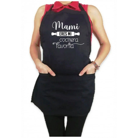 Mandil Personalizado Gabardina 100% algodón Negro con Diseño Mami eres mi cocinera favorita
